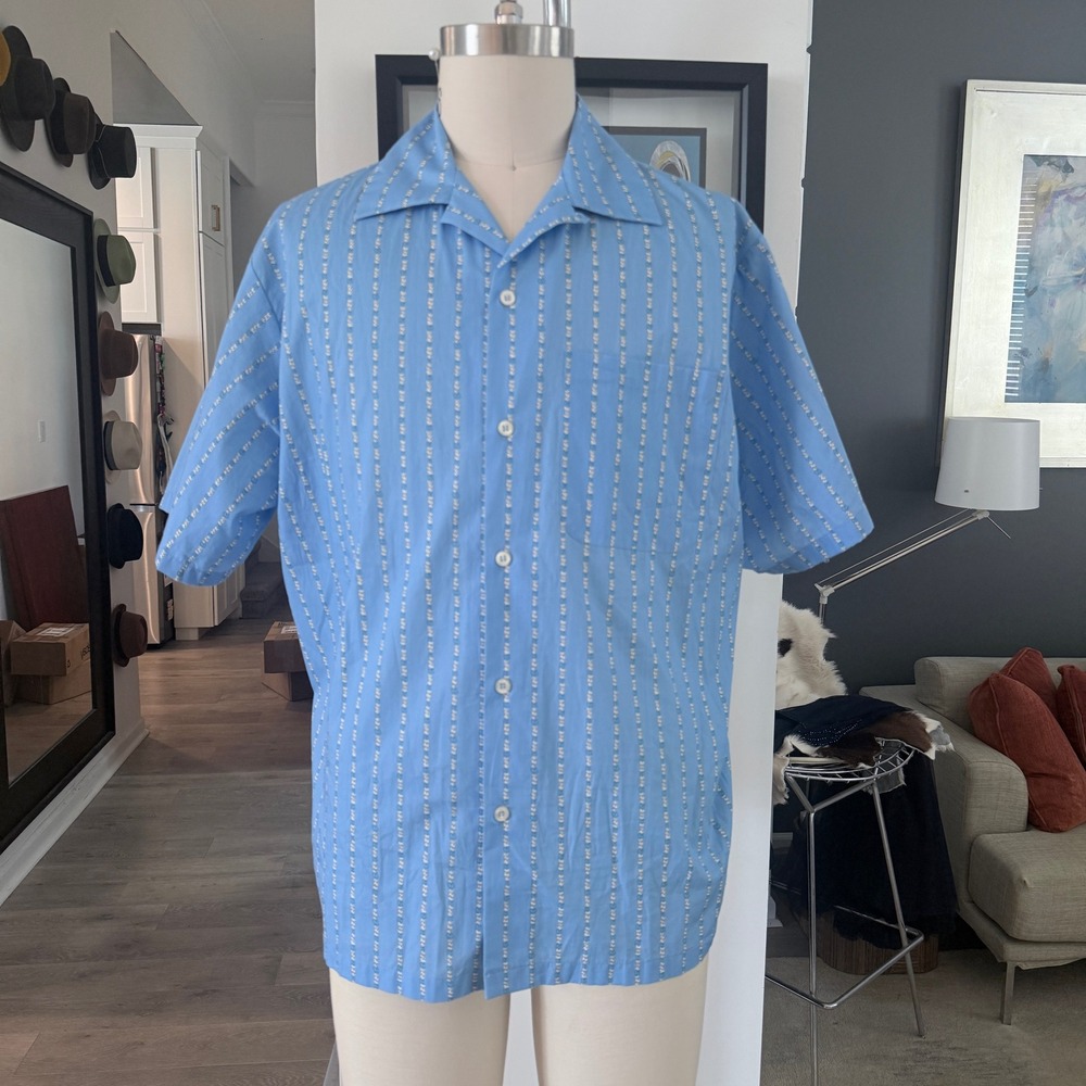 MSGM Milano Mens Blue Chain Stripe Short Sleeve Camp Collar Shirt Size 15.5 39